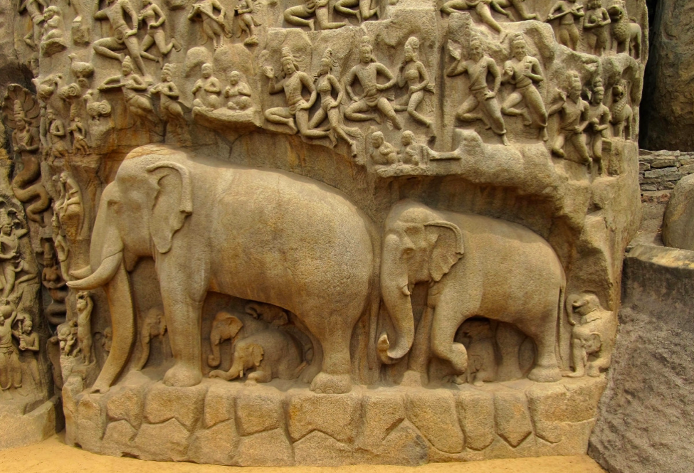 Intricately carved elephant sculpture at a Tamil Nadu temple reflecting ancient Tamil culture and craftsmanship