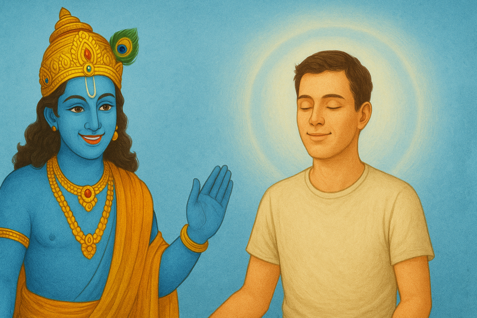 Lord Krishna smiling and giving blessings, symbolizing positive aura and thinking